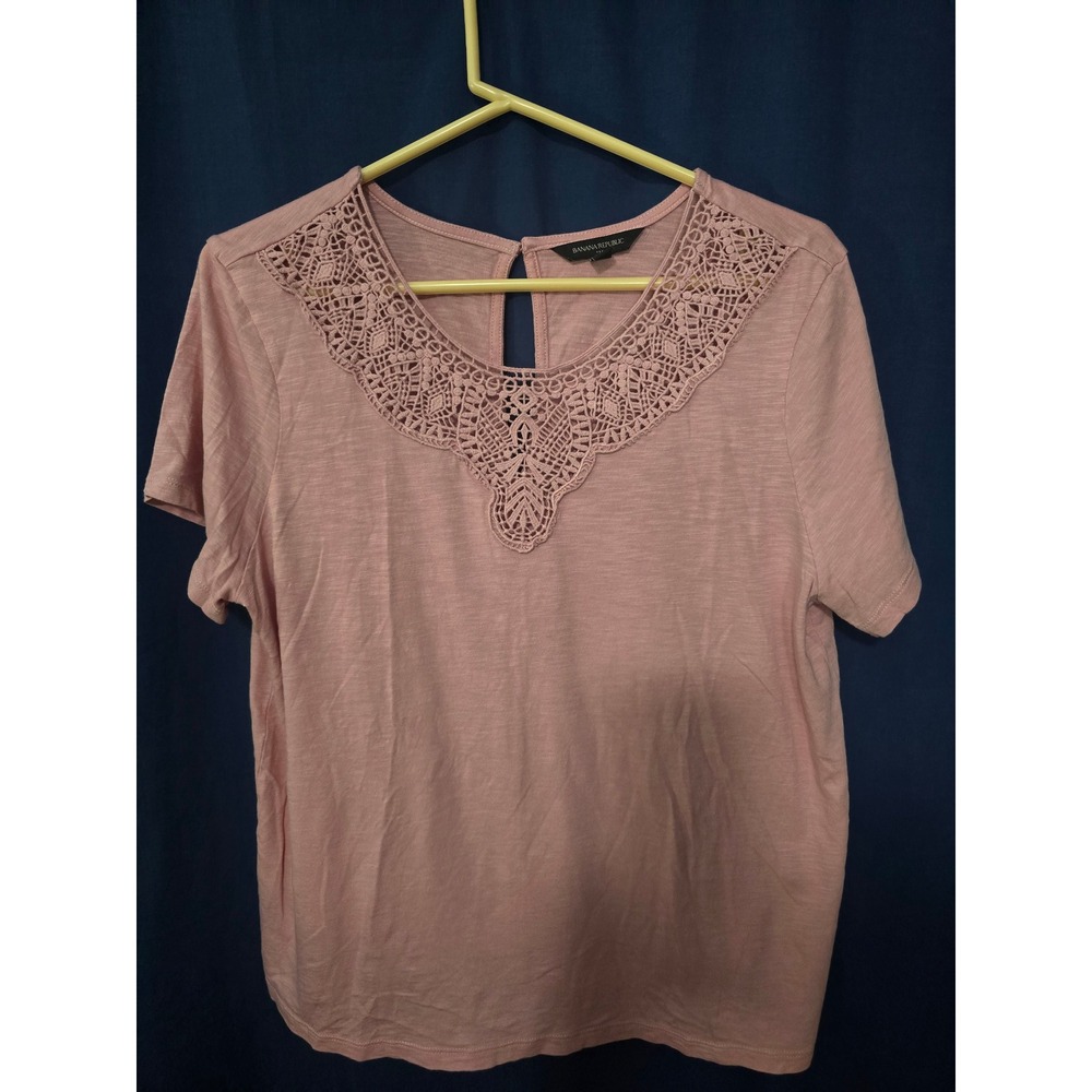 Banana Republic Womens Pink Crochet Lace Neck Slub Knit Short Sleeve Top Large